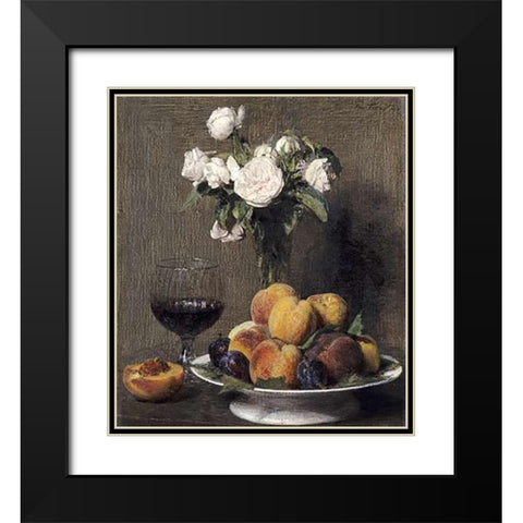 Still Life With Roses, Fruits and a Glass of Wine Black Modern Wood Framed Art Print with Double Matting by Latour, Henri Fantin