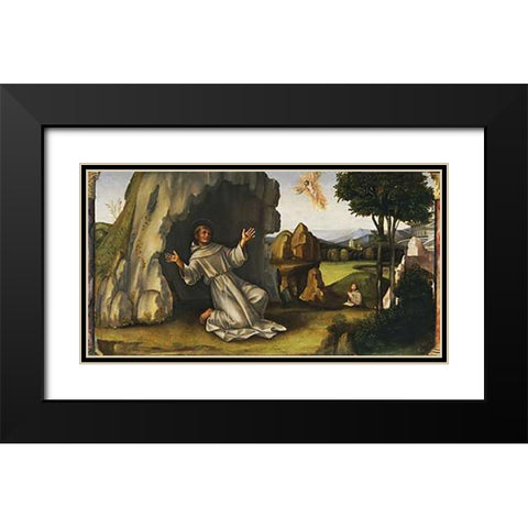 Saint Francis Receiving The Stigmata Black Modern Wood Framed Art Print with Double Matting by Francia, Francesco Raibolini