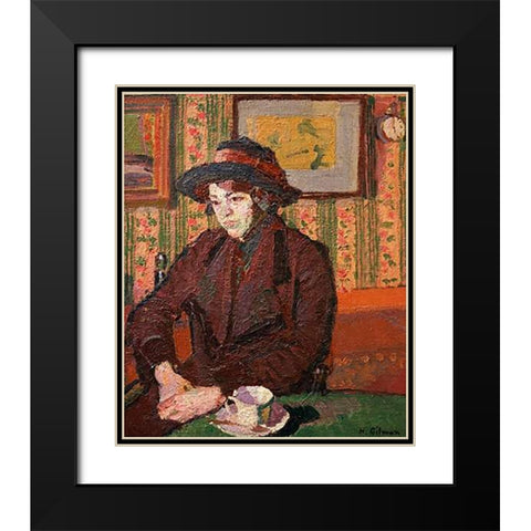 Girl With a Tea Cup Black Modern Wood Framed Art Print with Double Matting by Gilman, Harold