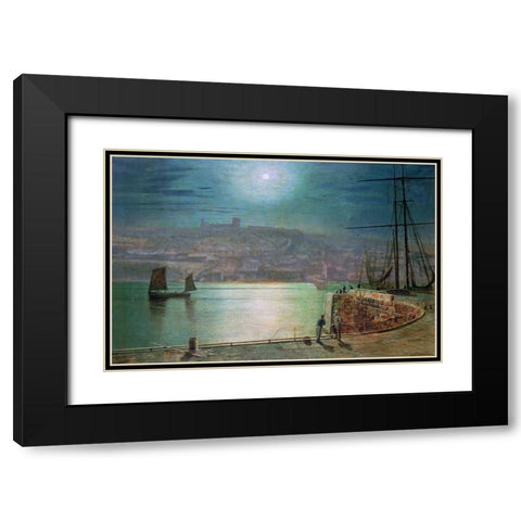 Whitby Harbour By Moonlight Black Modern Wood Framed Art Print with Double Matting by Grimshaw, John Atkinson