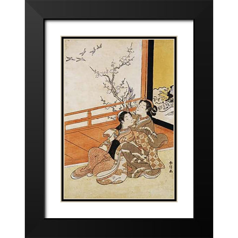 Two Women Seated By a Verandah Black Modern Wood Framed Art Print with Double Matting by Harunobu