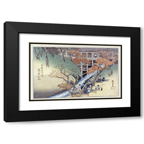 Red Maple Leaves at Tsuten Bridge Black Modern Wood Framed Art Print with Double Matting by Hiroshige
