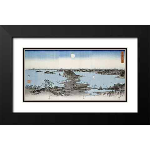 Night View of Kanazawa In Musashi Province Black Modern Wood Framed Art Print with Double Matting by Hiroshige