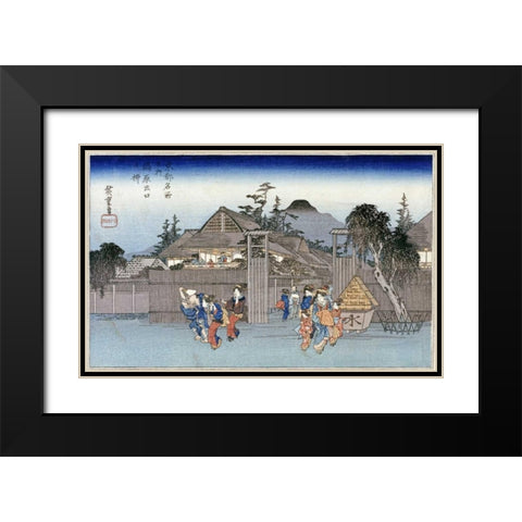 Willow at The Exit of Shimabara Black Modern Wood Framed Art Print with Double Matting by Hiroshige