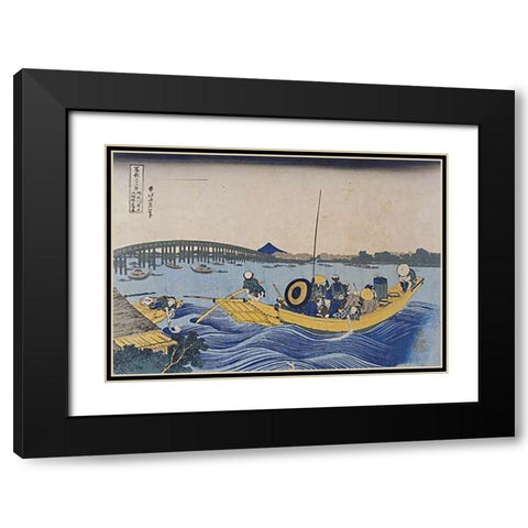 View of The Evening Glow at Ryogoku Bridge Black Modern Wood Framed Art Print with Double Matting by Hokusai