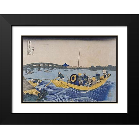 View of The Evening Glow at Ryogoku Bridge Black Modern Wood Framed Art Print with Double Matting by Hokusai