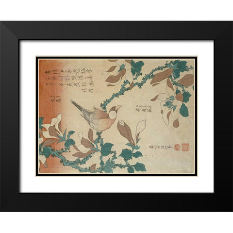A Paddy Bird Perched On a Flowering Magnolia Branch Black Modern Wood Framed Art Print with Double Matting by Hokusai