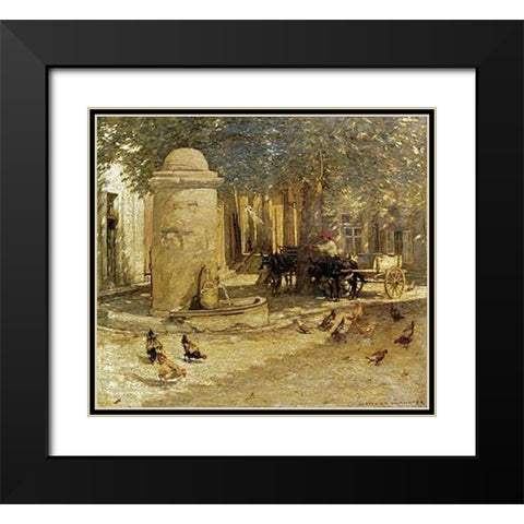 Fountain In a Provencal Village Black Modern Wood Framed Art Print with Double Matting by La Thangue, Henry Herbert