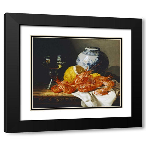 Shrimps, a Peeled Lemon, a Glass of Wine Black Modern Wood Framed Art Print with Double Matting by Ladell, Edward