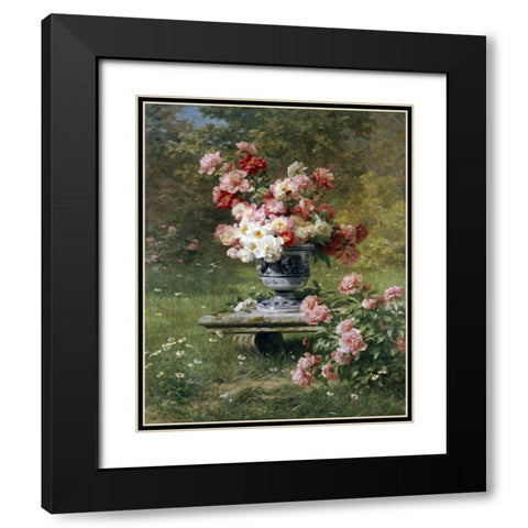 Peonies In An Urn In a Garden Black Modern Wood Framed Art Print with Double Matting by Lemaire, Louis Marie
