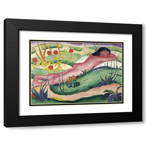 Nude Lying In The Flowers Black Modern Wood Framed Art Print with Double Matting by Marc, Franz