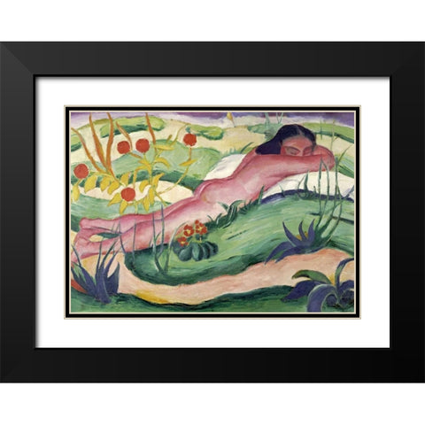 Nude Lying In The Flowers Black Modern Wood Framed Art Print with Double Matting by Marc, Franz