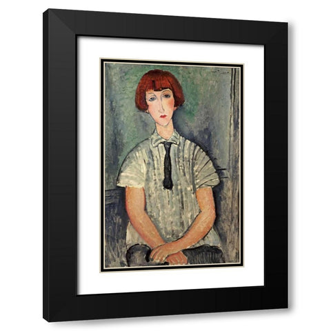 Young Girl In a Striped Shirt Black Modern Wood Framed Art Print with Double Matting by Modigliani, Amedeo