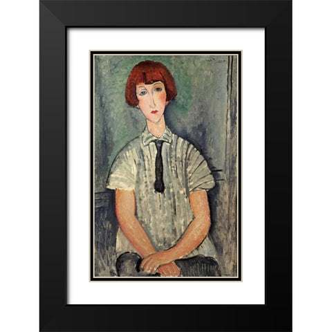 Young Girl In a Striped Shirt Black Modern Wood Framed Art Print with Double Matting by Modigliani, Amedeo