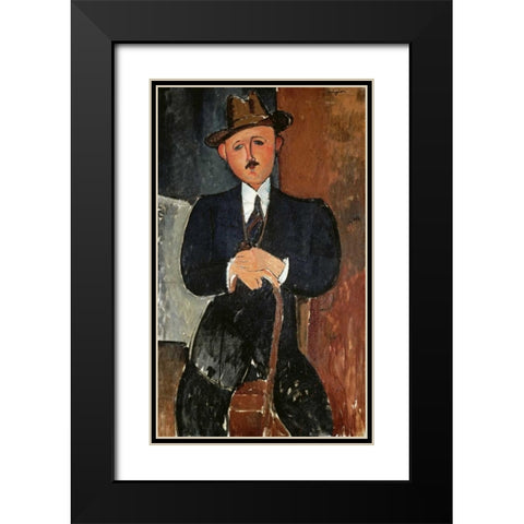 Seated Man - Leaning On a Cane Black Modern Wood Framed Art Print with Double Matting by Modigliani, Amedeo