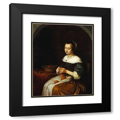 A Woman Knitting With a Basket of Fruit Black Modern Wood Framed Art Print with Double Matting by Netscher, Caspar