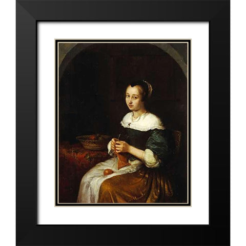 A Woman Knitting With a Basket of Fruit Black Modern Wood Framed Art Print with Double Matting by Netscher, Caspar