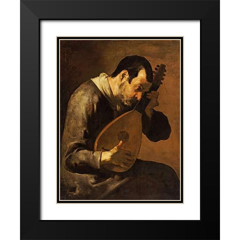 The Sense of Hearing; a Man Playing a Mandolin Black Modern Wood Framed Art Print with Double Matting by Passante, Bartolomeo