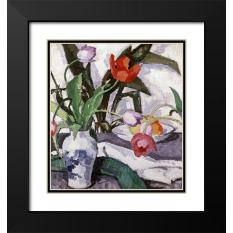 Red and Mauve Tulips In a Vase Black Modern Wood Framed Art Print with Double Matting by Peploe, Samuel John