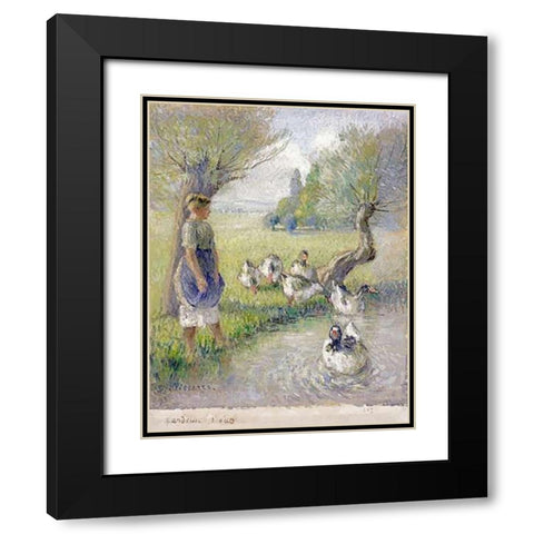 The Goose Girl Black Modern Wood Framed Art Print with Double Matting by Pissarro, Camille