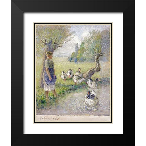 The Goose Girl Black Modern Wood Framed Art Print with Double Matting by Pissarro, Camille