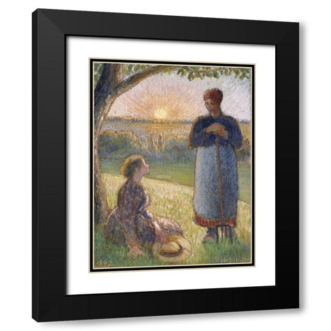 Country Women Chatting, Sunset, Eragny Black Modern Wood Framed Art Print with Double Matting by Pissarro, Camille