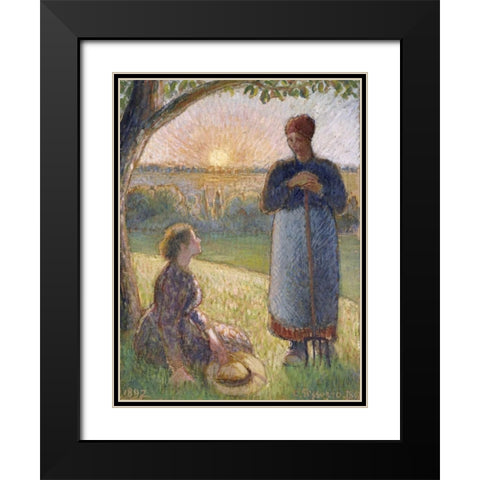 Country Women Chatting, Sunset, Eragny Black Modern Wood Framed Art Print with Double Matting by Pissarro, Camille