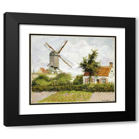Windmill at Knock, Belgium Black Modern Wood Framed Art Print with Double Matting by Pissarro, Camille