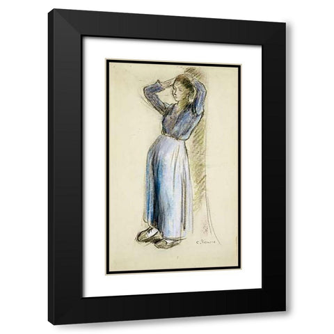 Country Girl Leaning Against a Tree Black Modern Wood Framed Art Print with Double Matting by Pissarro, Camille