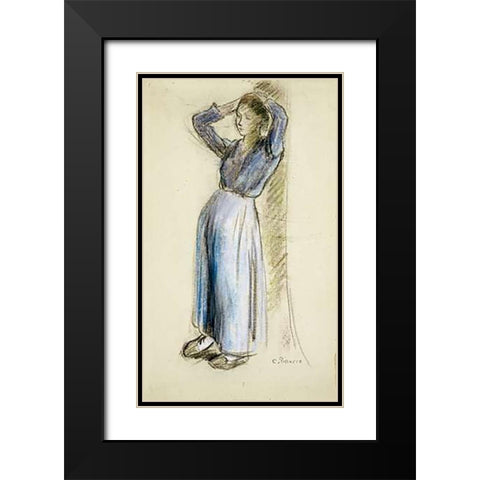 Country Girl Leaning Against a Tree Black Modern Wood Framed Art Print with Double Matting by Pissarro, Camille