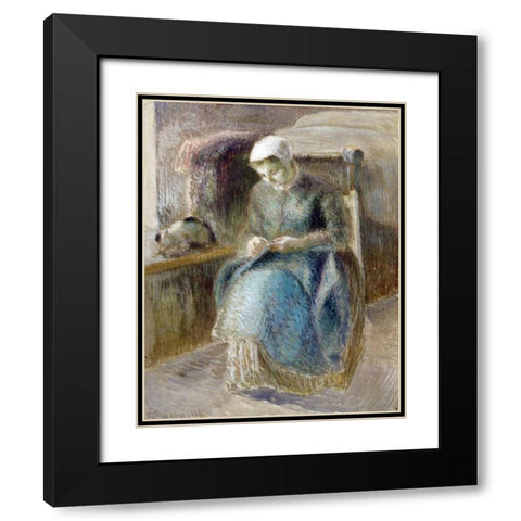 Woman Sewing Black Modern Wood Framed Art Print with Double Matting by Pissarro, Camille