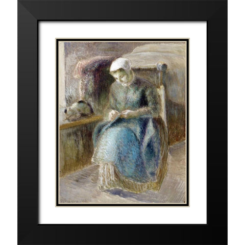 Woman Sewing Black Modern Wood Framed Art Print with Double Matting by Pissarro, Camille