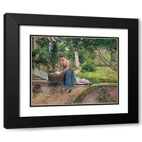 Washerwoman at Eragny Black Modern Wood Framed Art Print with Double Matting by Pissarro, Camille