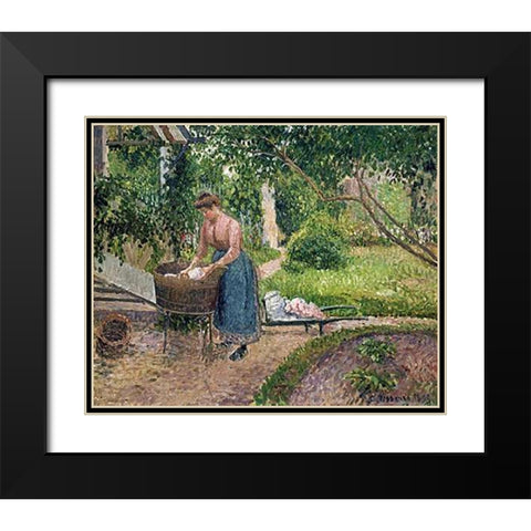 Washerwoman at Eragny Black Modern Wood Framed Art Print with Double Matting by Pissarro, Camille