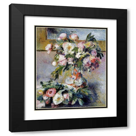 Peonies Black Modern Wood Framed Art Print with Double Matting by Renoir, Pierre-Auguste