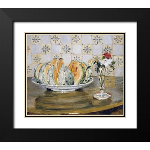 Still Life of a Melon and a Vase of Flowers Black Modern Wood Framed Art Print with Double Matting by Renoir, Pierre-Auguste