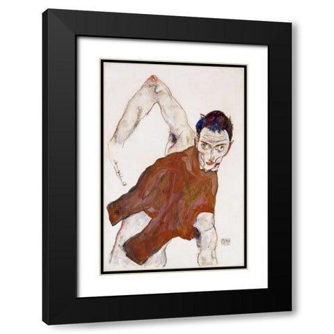 Self Portrait In a Jerkin Black Modern Wood Framed Art Print with Double Matting by Schiele, Egon