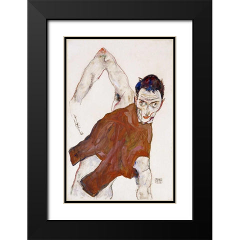 Self Portrait In a Jerkin Black Modern Wood Framed Art Print with Double Matting by Schiele, Egon