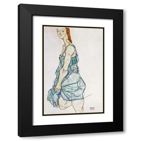 Upright Standing Woman Black Modern Wood Framed Art Print with Double Matting by Schiele, Egon