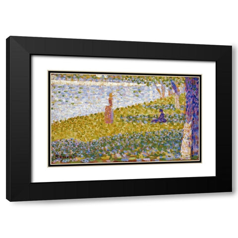 Women On The River Bank Black Modern Wood Framed Art Print with Double Matting by Seurat, Georges