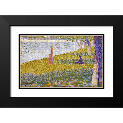 Women On The River Bank Black Modern Wood Framed Art Print with Double Matting by Seurat, Georges