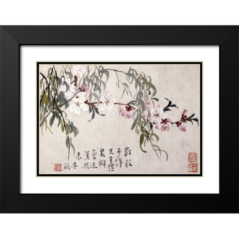Willow and Peach Blossoms Black Modern Wood Framed Art Print with Double Matting by Shan, Li