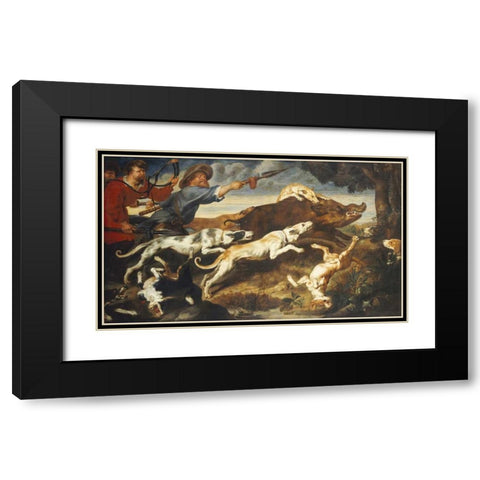 A Boar Hunt Black Modern Wood Framed Art Print with Double Matting by Snyders, Frans
