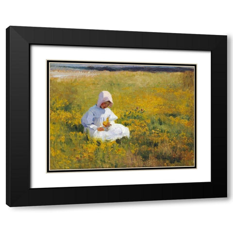 A Young Girl Picking Flowers Black Modern Wood Framed Art Print with Double Matting by Stokes, Marianne