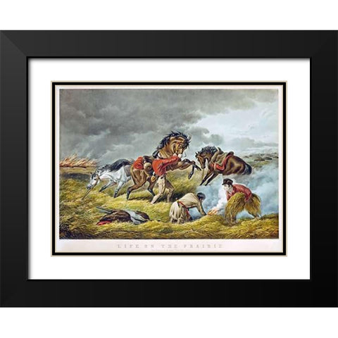 Life On The Prairie - The Trappers Defense, Fire Fight Fire Black Modern Wood Framed Art Print with Double Matting by Tait, Arthur Fitzwilliam