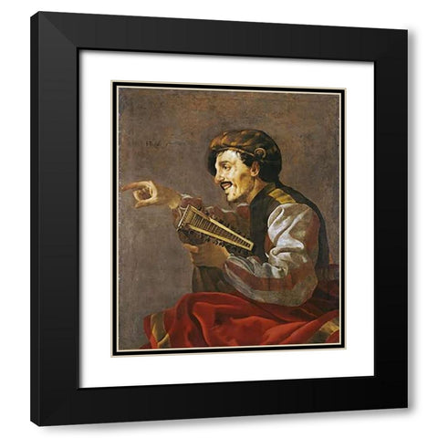 A Seated Lutanist Pointing Black Modern Wood Framed Art Print with Double Matting by Ter Brugghen, Hendrick