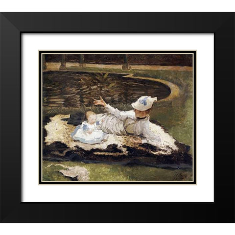 Mrs Newton With a Child By a Pool Black Modern Wood Framed Art Print with Double Matting by Tissot, James Jacques