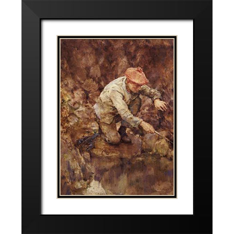 Netting Lobster Black Modern Wood Framed Art Print with Double Matting by Tuke, Henry Scott