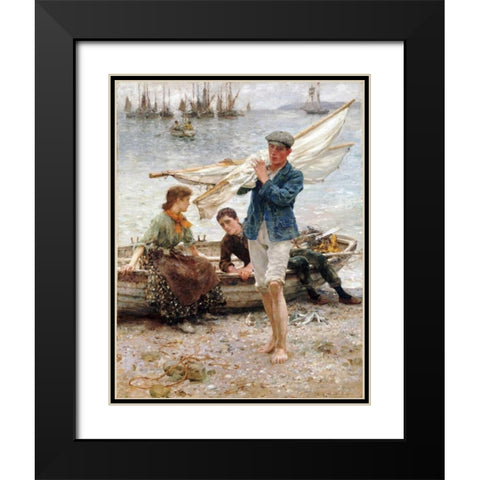 Return From Fishing Black Modern Wood Framed Art Print with Double Matting by Tuke, Henry Scott