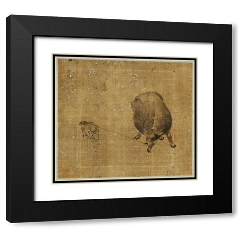 Small Boy Struggling To Lead a Water Buffalo Black Modern Wood Framed Art Print with Double Matting by Unknown